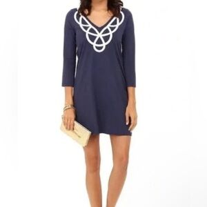 Lily Pulitzer Blaire navy midi jersey dress with scroll embroidery 3/4 sleeve